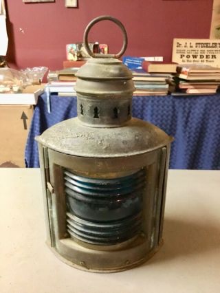 Antique Perko Perkins De - Lite Nautical Marine Brass Oil Lantern - Blue Glass