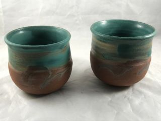 Set Of 2 Studio Pottery Thrown Stoneware Sake Tea Japanese Cups No Handle
