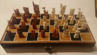 Hand Carved Chinese Bone Chess Set Vintage 3 " King In Wood Game Board / Case