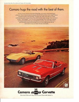 1968 Chevrolet Corvette Sting Ray Convertible & Camaro Ss Print Ad