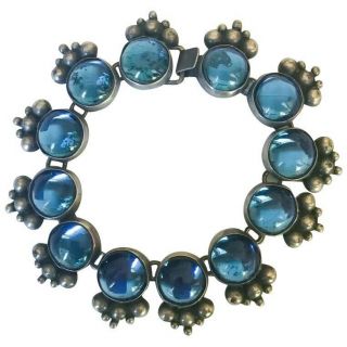 Vintage 1940s Sterling Silver Blue Art Glass Mexico Bracelet