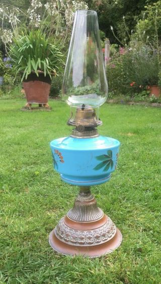 Victorian Blue Glass Oil Lamp Hand Painted Front And Decorative Base