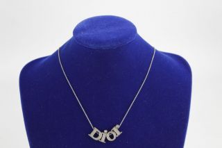 Vintage Christian Dior Signed Silver Tone Rhinestone Logo Pendant Necklace