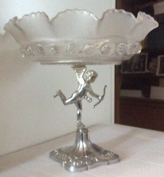 Vintage Large Art Deco Chrome Cupid Cherub & Glass Cake Stand Bowl Valentines