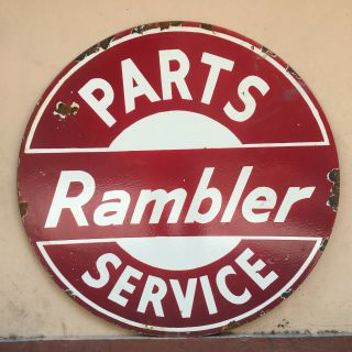 Vintage Double Sided Rambler Parts And Service Porcelain Enamel Sign.