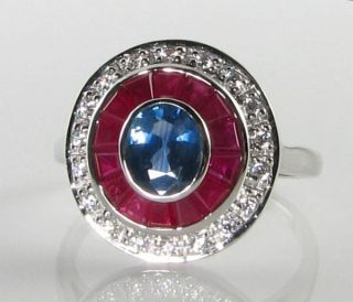 Large 9k 9ct White Gold Sapphire Ruby Diamond Art Deco Ins Target Ring Size
