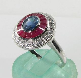 LARGE 9k 9CT WHITE GOLD SAPPHIRE RUBY DIAMOND ART DECO INS TARGET RING SIZE 2