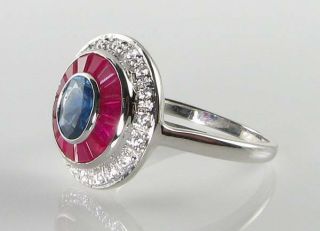 LARGE 9k 9CT WHITE GOLD SAPPHIRE RUBY DIAMOND ART DECO INS TARGET RING SIZE 3