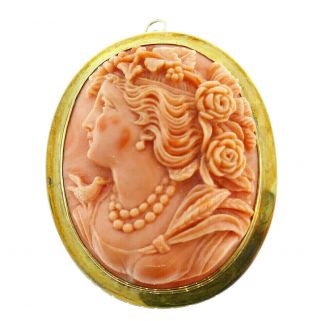 Vintage 14k Yellow Gold Coral Carved Cameo Pendant Pin
