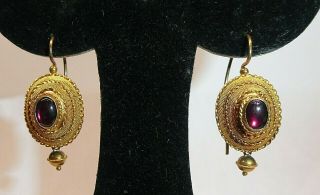 20k Yellow Gold Antique Victorian Etruscan Wire Work Garnet Dangle Earrings