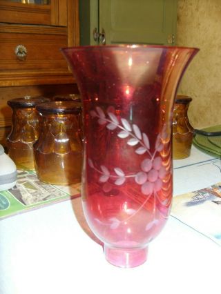 Vintage Cranberry Etched Glass Hurricane Lamp Chimney Shade