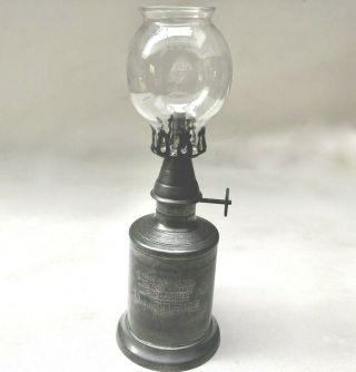 Vintage French Heavy Pewter Miners Oil Lamp & Glass Shade,  Rare Collectors Item