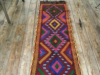 Vintage Hand Woven Wool Afghan Uzbek Tribal Soumak Kilim Rug Runner 7 