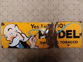 Vintage Porcelain Metal Model Smoking Tobacco Sign,  With Smoking Man Graphic