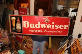 Large Vintage 1948 Budweiser Beer Bar Tavern Gas Oil 54 " Embossed Metal Sign