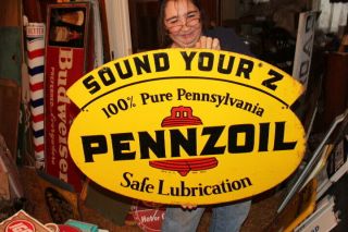 Vintage 1963 Pennzoil Motor Oil Gas Station 2 Sided 31 " Metal Sign