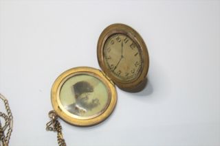 Antique Gold Filled Photo Locket And Chain With Photos Of Soldier And Clock