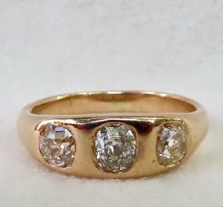 Victorian 1.  0 Ct.  Three Stone Old European Cut Diamond 14k Rose Gold Gypsy Ring