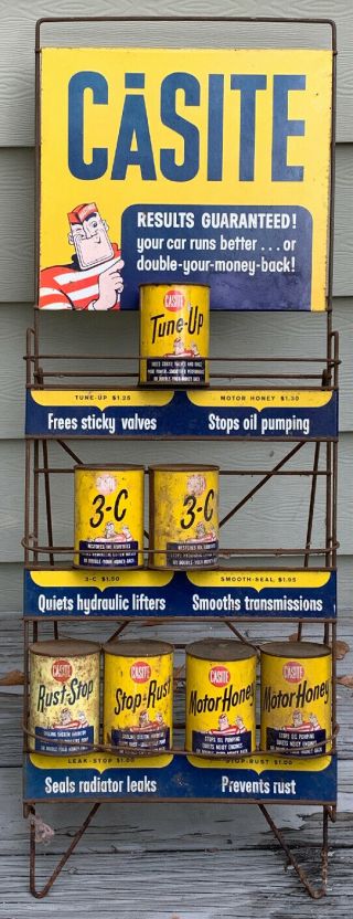Vintage Casite Motor Oil Metal Can Display Sign With Cans