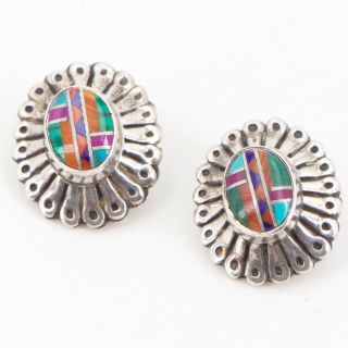 Vtg Sterling Silver - Southwestern Turquoise Coral Inlay Clip - On Earrings - 8g