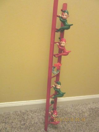 Vtg Red & Green Rubber 3 " Tall 2 - 1/4 Wide Christmas Elves With 2 Ft.  Wood Ladder