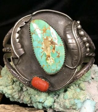 Vintage Native American Sterling Silver,  Red Coral & Turquoise Bracelet,  46.  0g