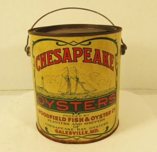 Vintage Chesapeake Woodfield Oysters Tin One Gallon Container Yellow And Green