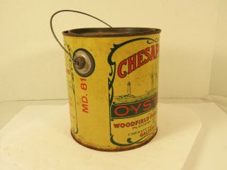 Vintage Chesapeake Woodfield Oysters Tin One Gallon Container Yellow and Green 2