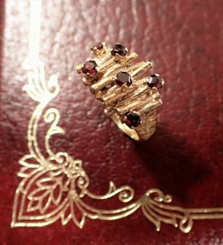 Elegant 9ct Gold Ring Garnet Mid Century Modernist Brutalist Design C1960 5.  5gs