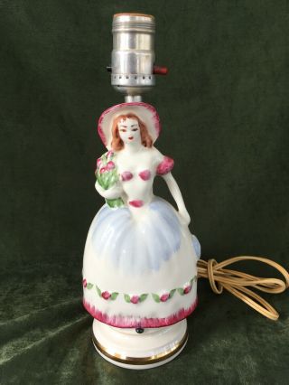Vintage Southern Belle Ceramic Boudoir Vanity Dresser Lamp White Pink Blue,  Gold