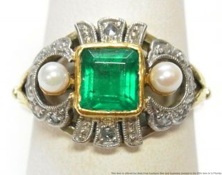 Antique Natural Emerald Diamond Pearl Ring 14k Gold Platinum Top Edwardian Sz 6