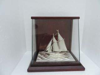 Japanese 2 Masted Solid Sterling Silver 985 Sailboat Yacht Rare Slope Glass Case