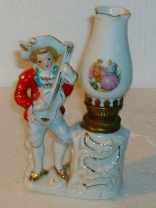 Vintage 7 " Miniature Oil Lamp Colonial Guitar Player Hand Painted Made In Japan