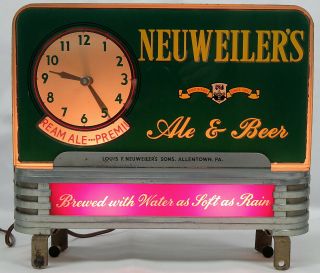 1940s Neuweilers Ale Beer Art Deco Reverse On Glass Lighted Clock Motion Sign