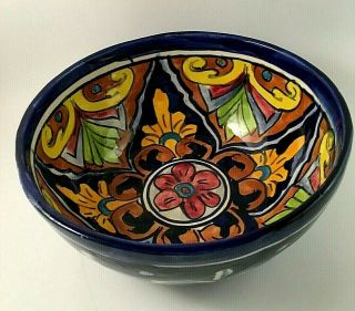 Vintage Talavera Mexico Hand Painted Folk Art Pottery Guacamole Bowl 7 1/2 "