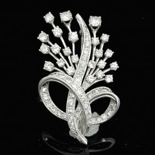 Vintage Diamond 14k White Gold Brooch Pin Floral Retro Gift Mid Century C1950s