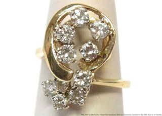 Fine White Diamond 14k Gold Ring 1.  40ctw Midcentury Freeform Swirl Cluster Sz 6