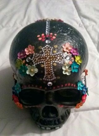 Black Mexican Sugar Skull Calavera Day Of The Dead Embellished Gold Cross Accent
