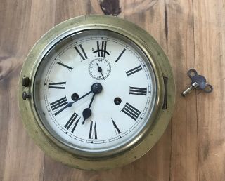 Antique Ansonia Co Boat Ship Clock W/key Nautical Brass 8” X 4”