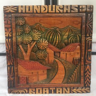 Hand Carved Painted Wood Wall Hanging Plaque Village Art Honduras 14”x14.  5”