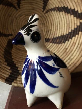 Vintage Flow Blue Mexican Hand Painted Folk Art Pottery Bird Figurine Mexico