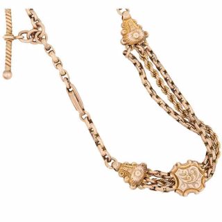 Victorian 9ct Solid Gold Albert Watch Chain With Charm & T - Bar 17.  0g