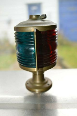 Antique Perko Boat / Ship Bow Navigation Brass Light W/ Red Blue Lens Flag Mount