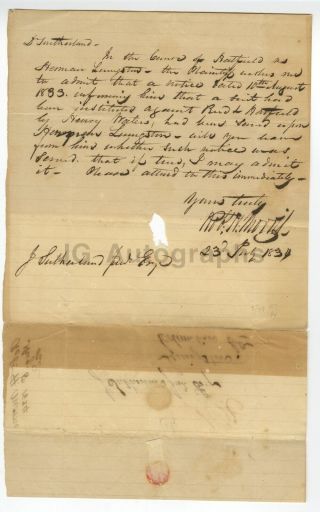 Robert H.  Morris - 64th Mayor Of York - Signed Hand - Written Letter,  1834