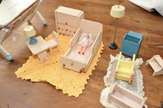 Vintage Strombecker Wood Dollhouse Furniture Full House And Accessories