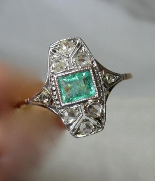 Art Deco Emerald Rose Cut Diamond Ring Wedding Engagement Jackie Kennedy Gold