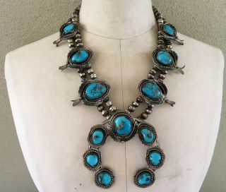 Huge Vintage Squash Blossom Necklace Sterling Silver Turquoise Old Pawn