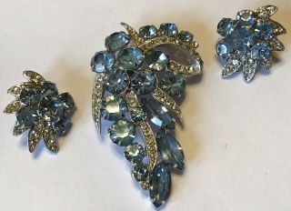 Vintage Eisenberg Ice Signed Light Blue And Clear Rhinestone Brooch & Earrings