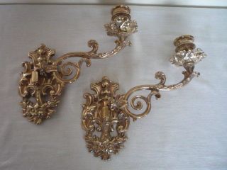 Pair Vintage Decorative Large Brass Candlestick Holders Wall Sconce Candle B
