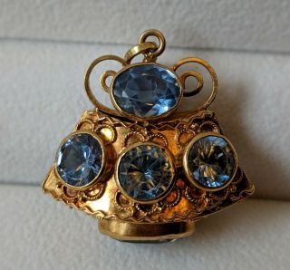 Vintage Blue Topaz 18k Yellow Gold Etruscan Large Lantern Charm Or Pendant